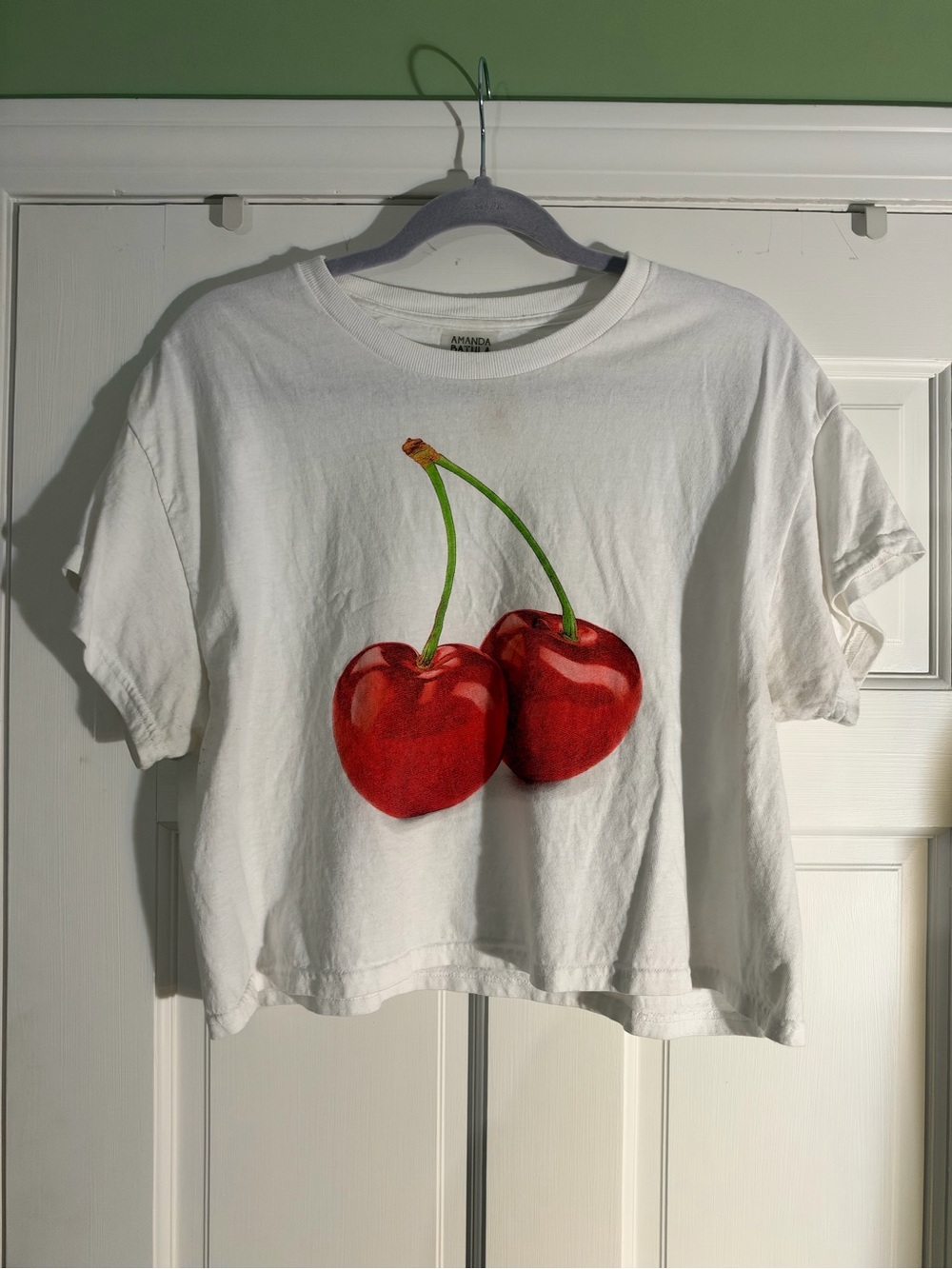 South Moon Under White Crop Tee with Red Cherry Graphic